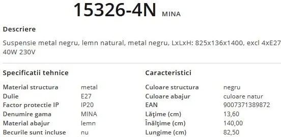 Lustra cu 4 pendule design modern Mina 15326-4N GL