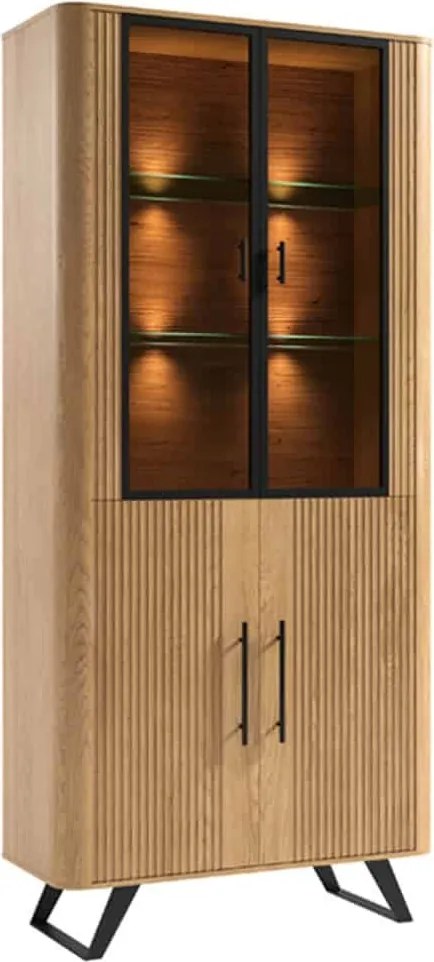 Vitrină lemn masiv natur Santiago I -Negru, 94,2 × 39,7 × 204 cm