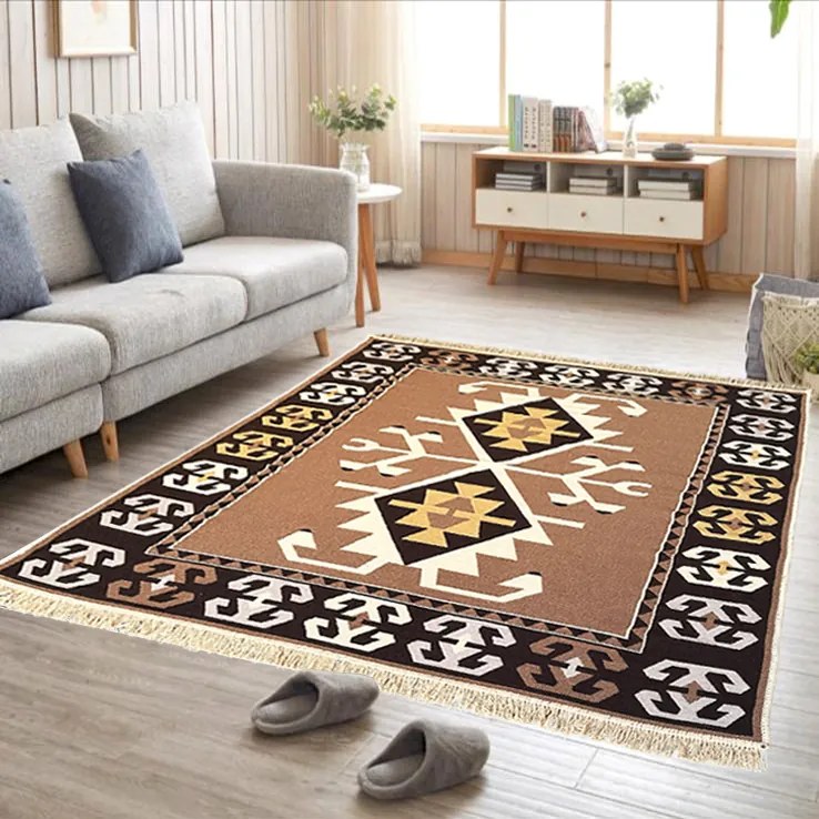 Covor Traditional Tesut cu 2 Fete, 160x250 cm, Model Etnic Maro-Bej