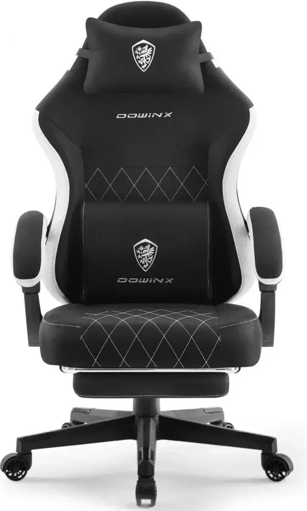 DOWINX 6650F - Scaun Gaming Ergonomic, Masaj in perna lombara, Șezut cu Arcuri Metalice și Spumă, Suport pentru picioare, Rabatabil 90°–135°, Rezistent 136 kg, Material textil, Negru
