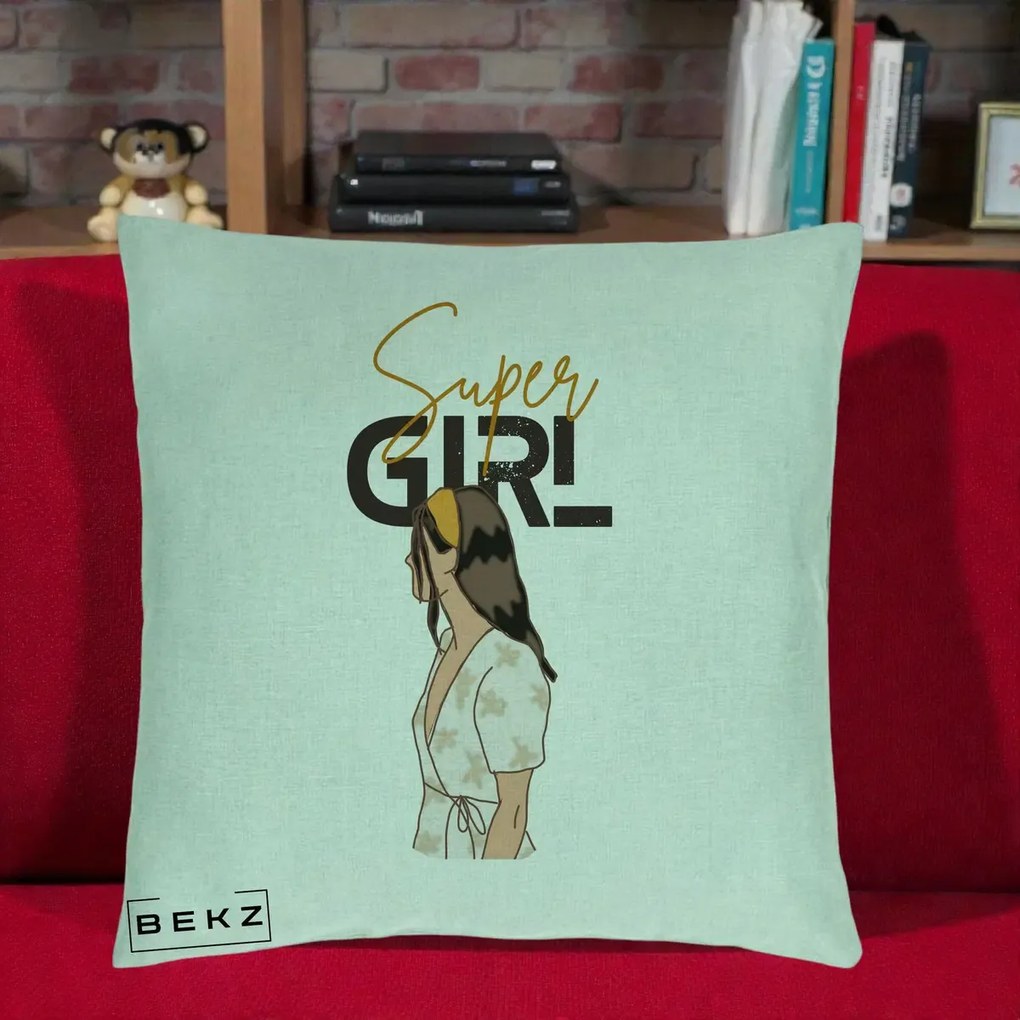 Perna Decorativa Super Girl Aesthetic, 40x40 cm, Verde Menta, Husa Detasabila, Perna Inclusa, BEKZ®