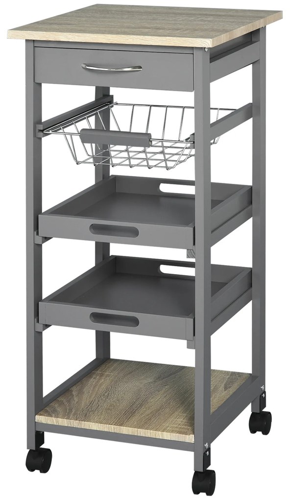 HOMCOM Servitoră de bucătărie pe roți cu panier + 2 tăvi detașabile, sertar, raft in lemn stejar deschis | Aosom Romania