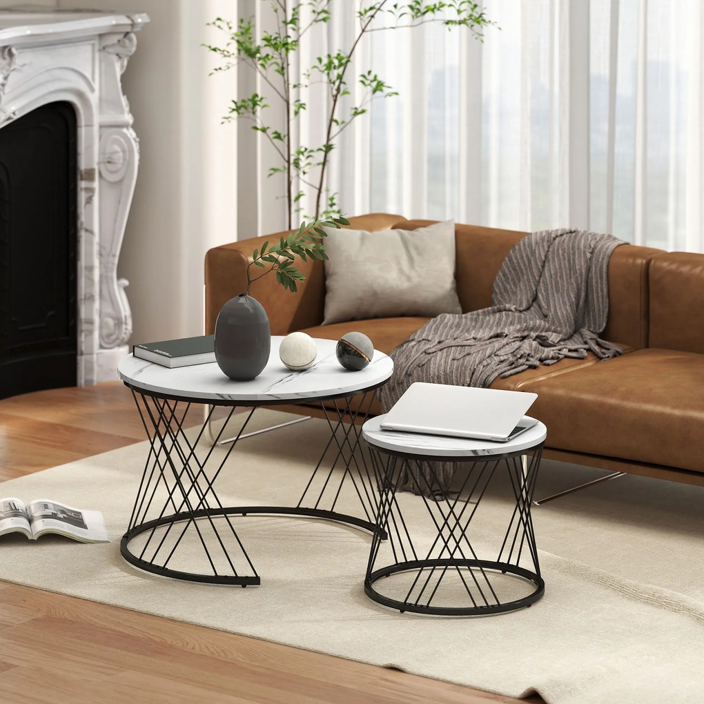 HOMCOM Mese de cafea în set de 2 bucăți, aspect marmură, plăci de particule, metal, mese de cafea rotunde pentru living, plasabile unul în altul, Alb | Aosom Romania