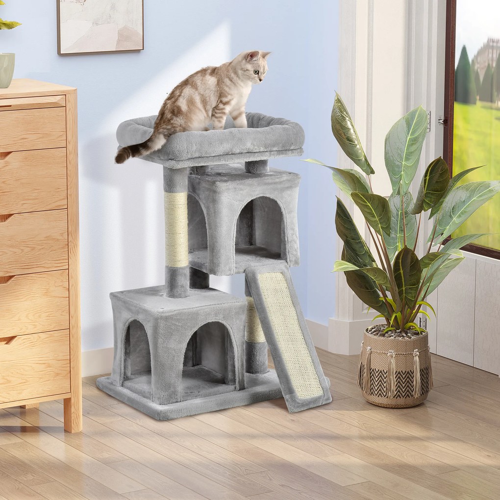 PawHut Ansamblu pentru pisici cu stalpi din sisal, pat si 2 case cu tapiterie de plus, 59x39x83cm, gri | Aosom Romania