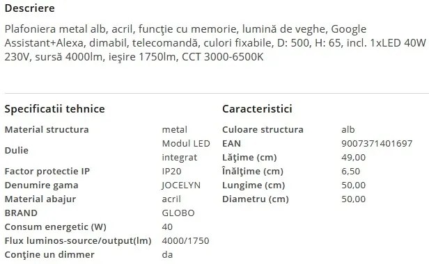 Plafoniera LED dimabila cu telecomanda JOCELYN 40W