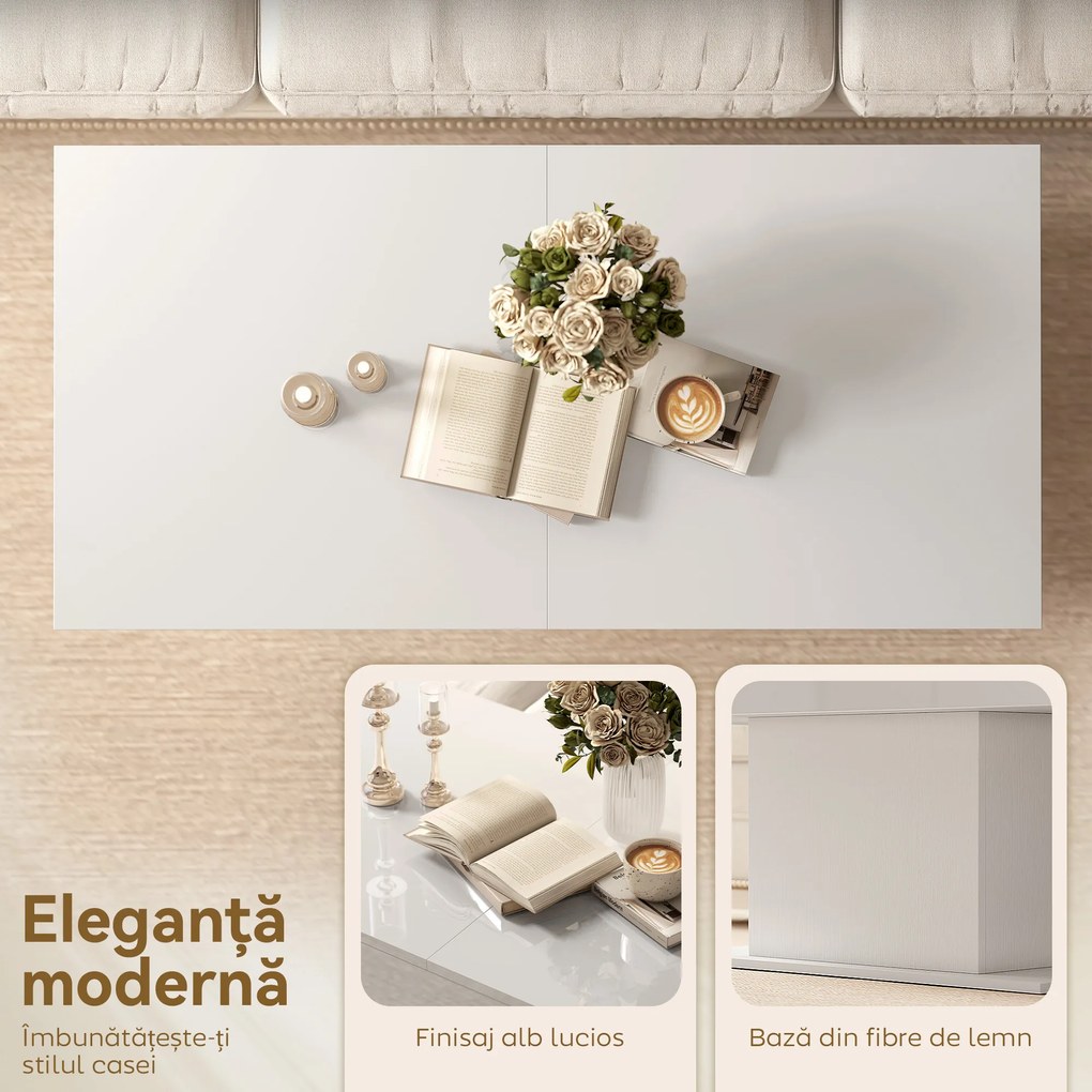 HOMCOM Măsuță de Cafea Extensibilă cu Compartiment, Măsuță de Sufragerie Modernă cu Picioare Antiderapante, Măsuță de Living pentru Acasă Birou, 108-178,5x53x49 cm, Alb Lucios | Aosom Romania