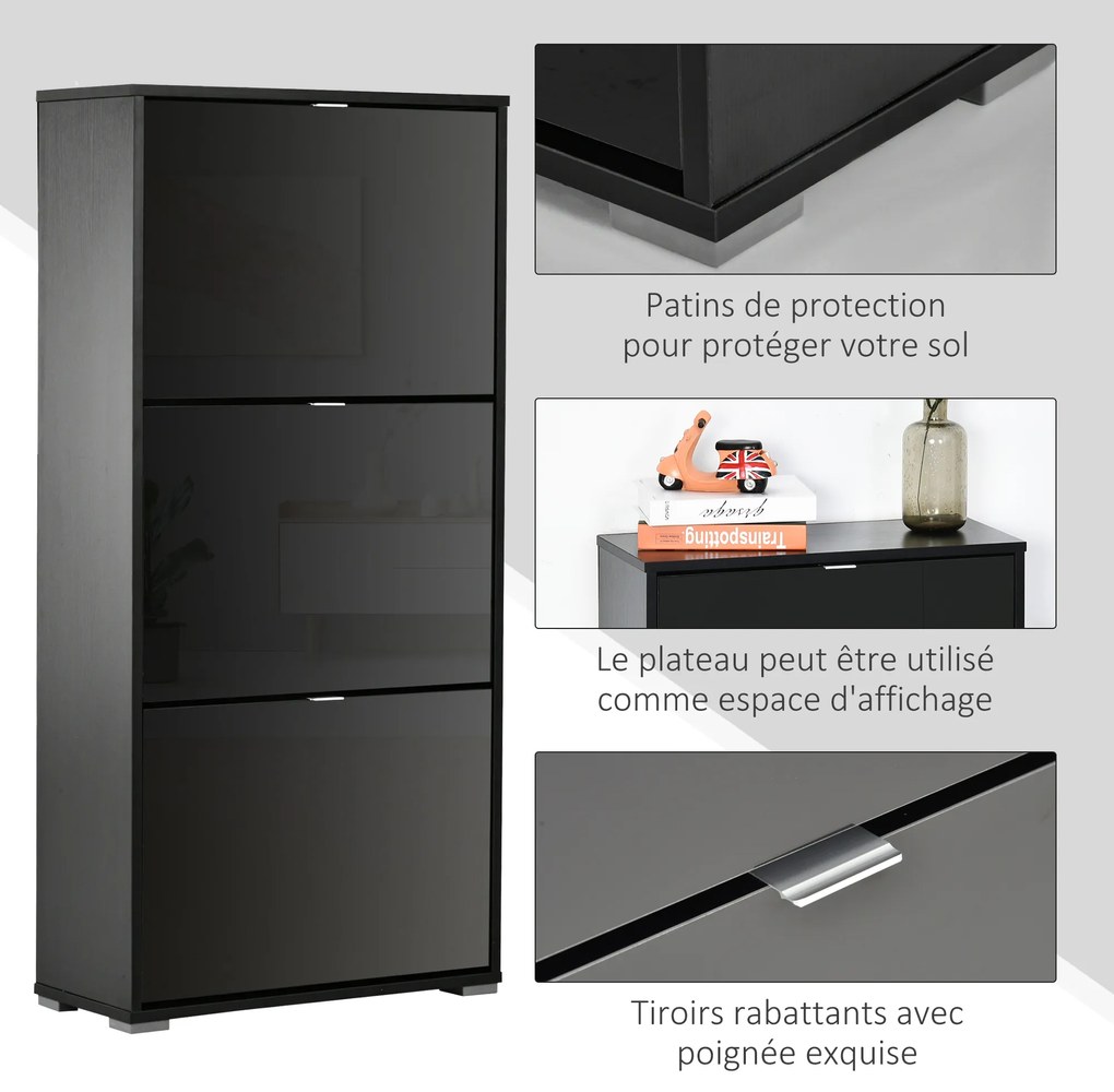 HOMCOM Dulap pentru Pantofi Cu 3 Uși Rabatabile 3 Compartimente din Lemn dim. 60L x 26l x 124Î cm Negru lucios | Aosom Romania