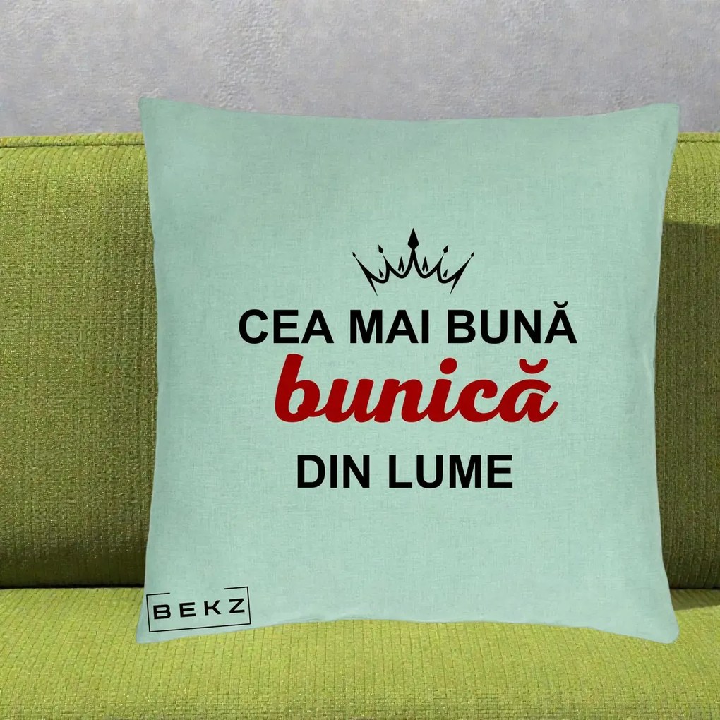 Cadou pentru Bunica - Perna Personalizata Cea Mai Buna Bunica Din Lume Coroana Neagra, 40x40 cm, Verde Menta, Husa Detasabila, Perna Inclusa, BEKZ®