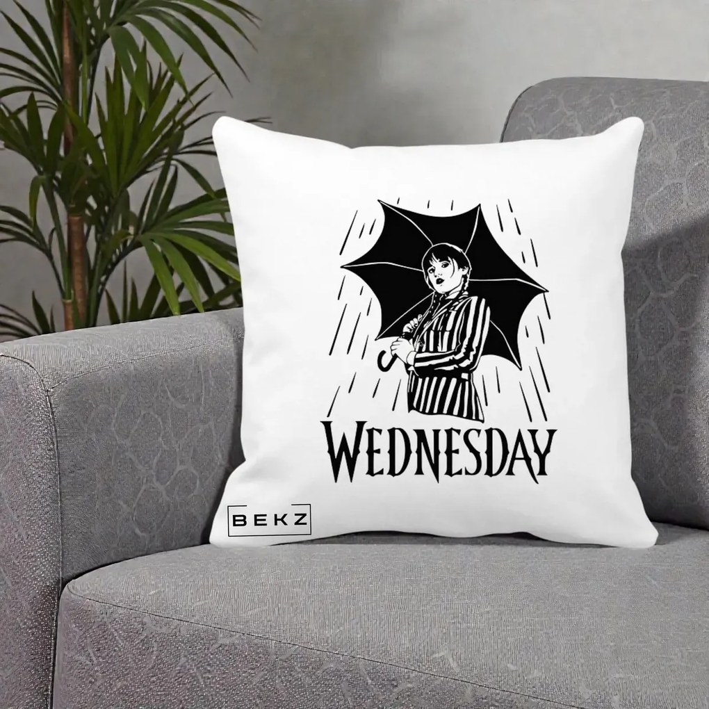 Perna Personalizata Wednesday cu Umbrela Ploaie Lineart, 40x40 cm, Alba Mata, Husa Detasabila, Perna Inclusa, BEKZ®