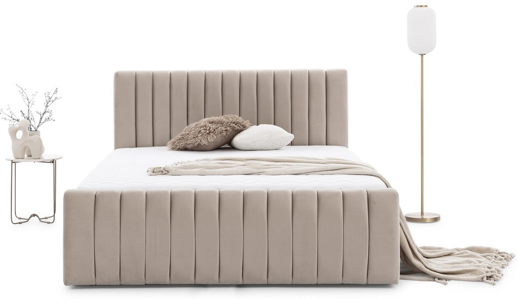 Pat matrimonial cu ladă de depozitare Nicole 160x200 - catifea bej Velluto 2