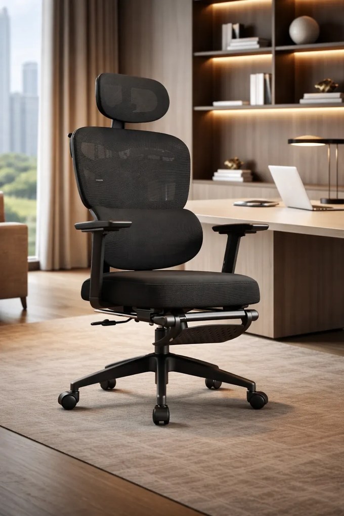 Scaun ergonomic, Sezut Translatie, Cotiere 6D, Tetiera 6D, Suport Lombar Adaptiv, Spătar reglabil inaltime, pivotant, suport picioare, sezut buretat, Negru