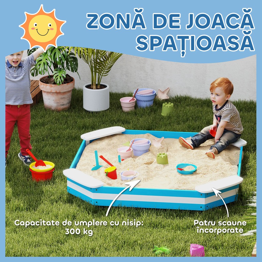 AIYAPLAY Cutie de Nisip pentru Copii 3-6 Ani cu 4 Locuri de Șezut în Colțuri, 133x133x16 cm, Albastru | Aosom Romania