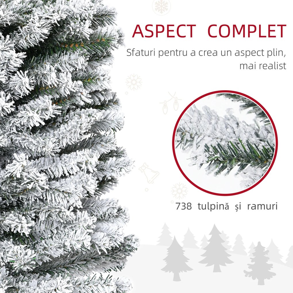 HOMCOM Brad de Crăciun Înzăpezit din PP Verde cu 492 Ramuri Ignifuge și Bază din Oțel Inoxidabil, Ø60x180 cm | Aosom Romania