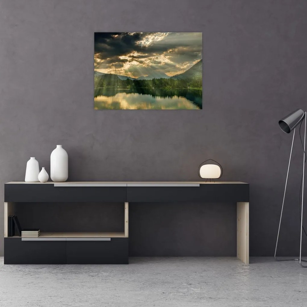 Tablou pe sticlă cu lac și soarele translucid (70x50 cm)