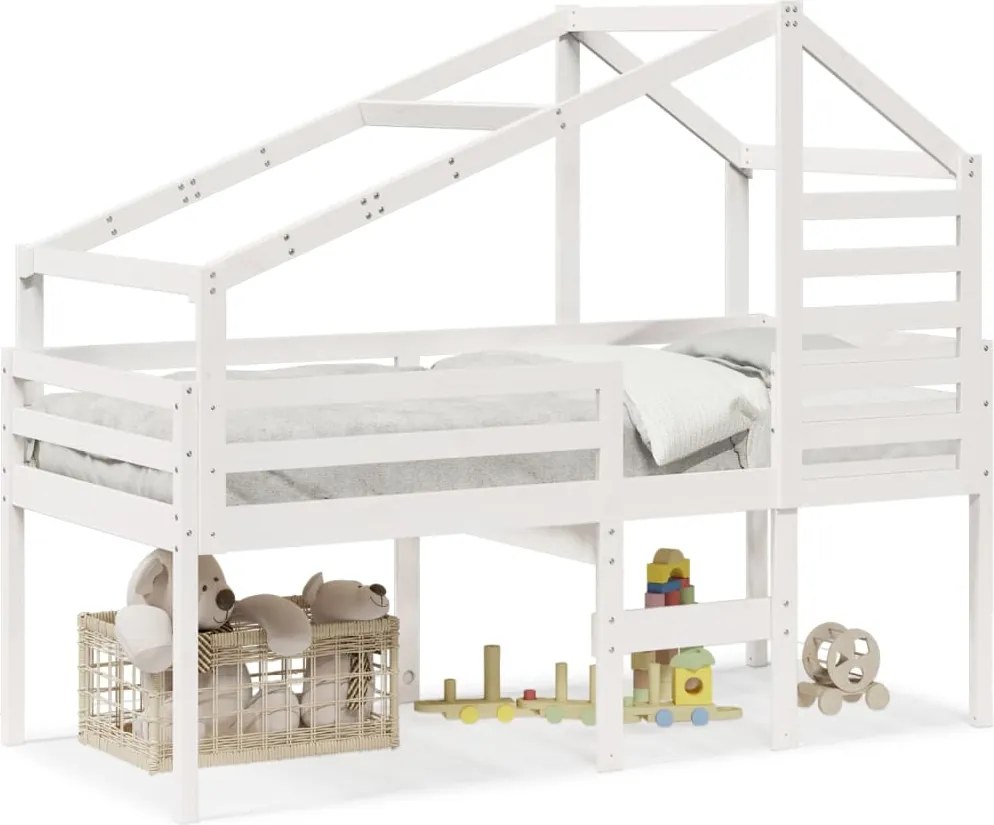 vidaXL Pat înalt cu acoperiș, alb, 90x200 cm, lemn masiv de pin