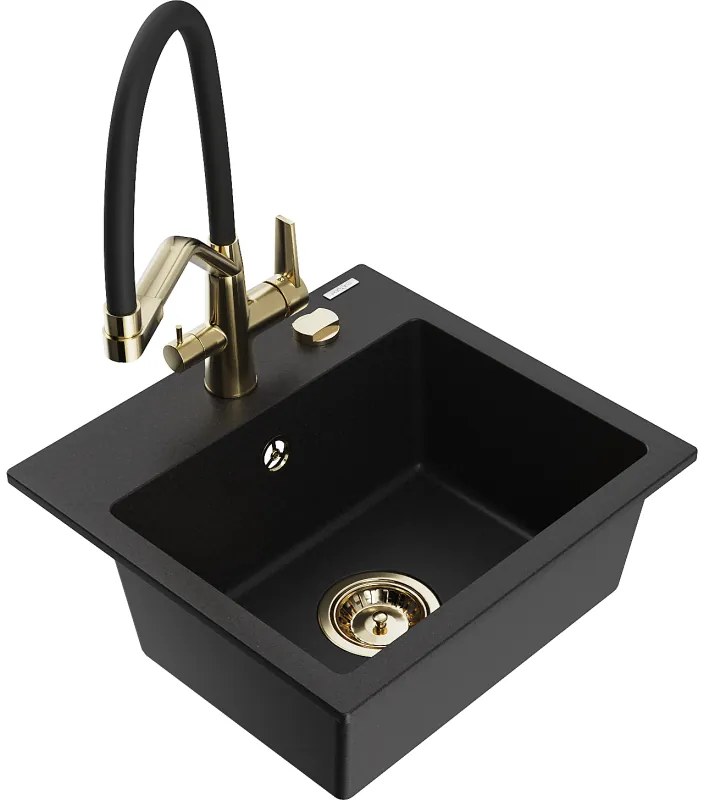 Chiuvetă granitică Mexen Milo cu 1 compartiment și baterie de bucătărie Duo, negru - 6505-77-671701-57-G