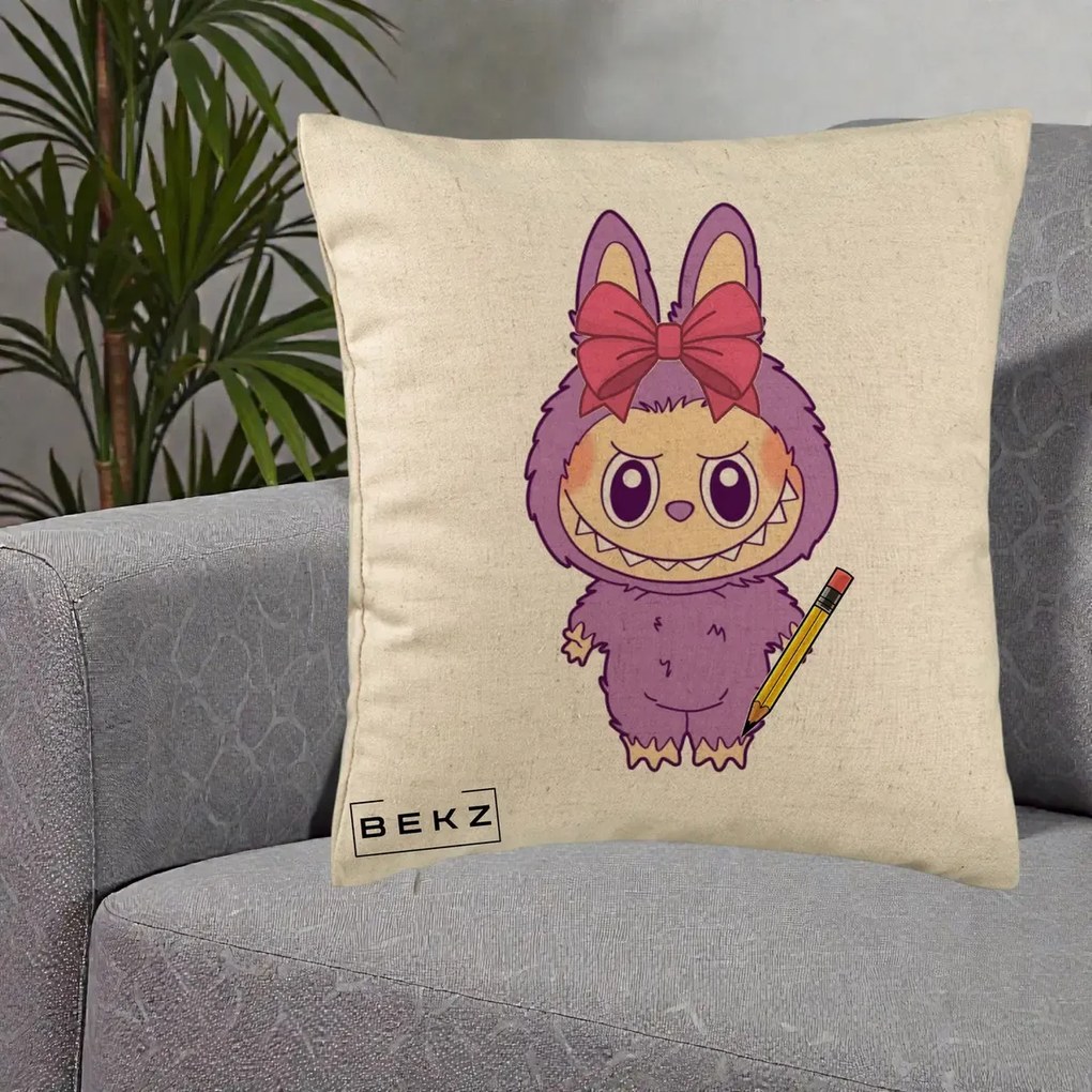 Perna Personalizata Labubu Mov cu Funda Rosie si Creion, 40x40 cm, Bej, Husa Detasabila, Perna Inclusa, BEKZ®
