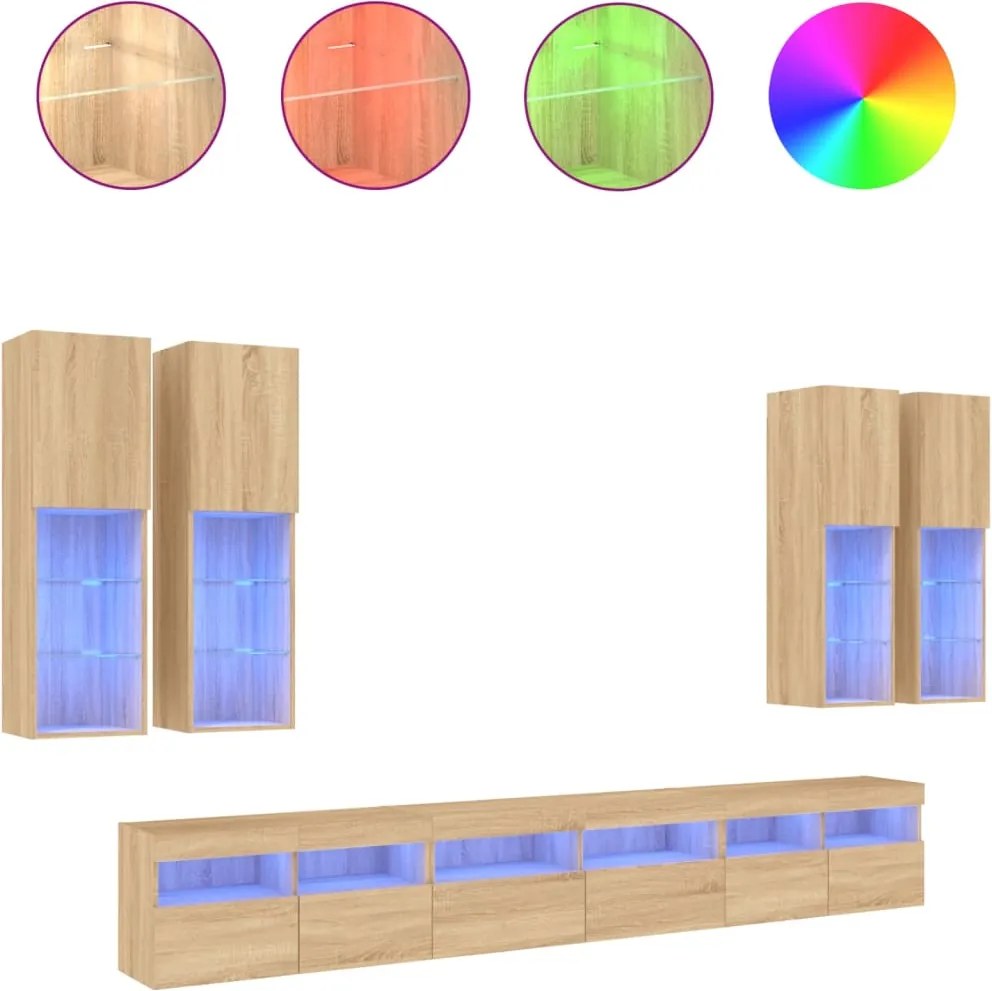 vidaXL Comode TV de perete cu lumini LED, 7 piese, stejar sonoma