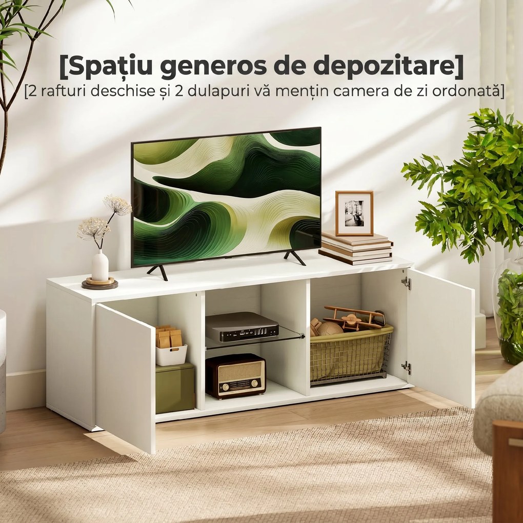 HOMCOM Mobilier Porta TV până la 55", Mobilier TV Suspendat sau pe Podea de 120 cm cu Uși Soft Close, Orificiu pentru Cabluri și Raft din Sticlă, pentru Sufragerie și Salon, Alb Efect Lemn | Aosom Romania
