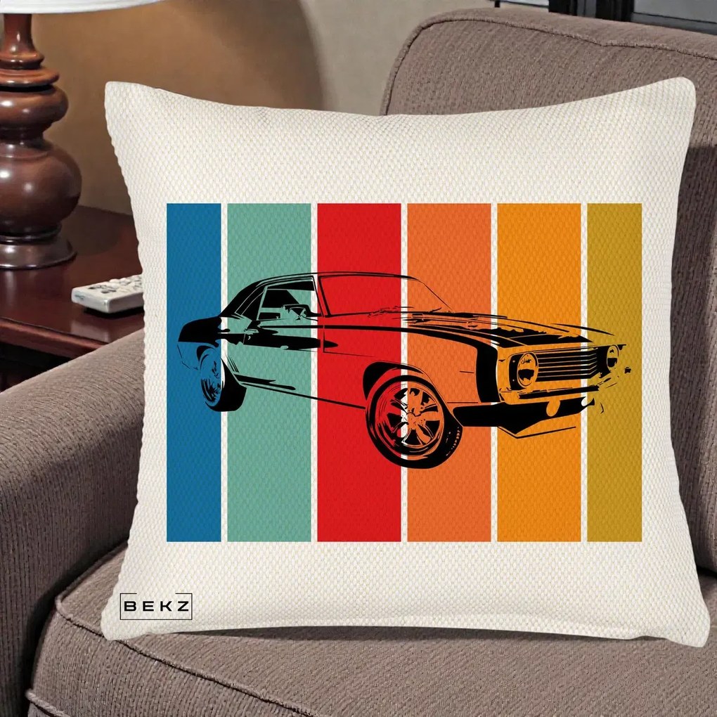 Perna Personalizata Masina Retro Muscle Car Grafic, 40x40 cm, Crem Reliefat, Husa Detasabila, Perna Inclusa, BEKZ®