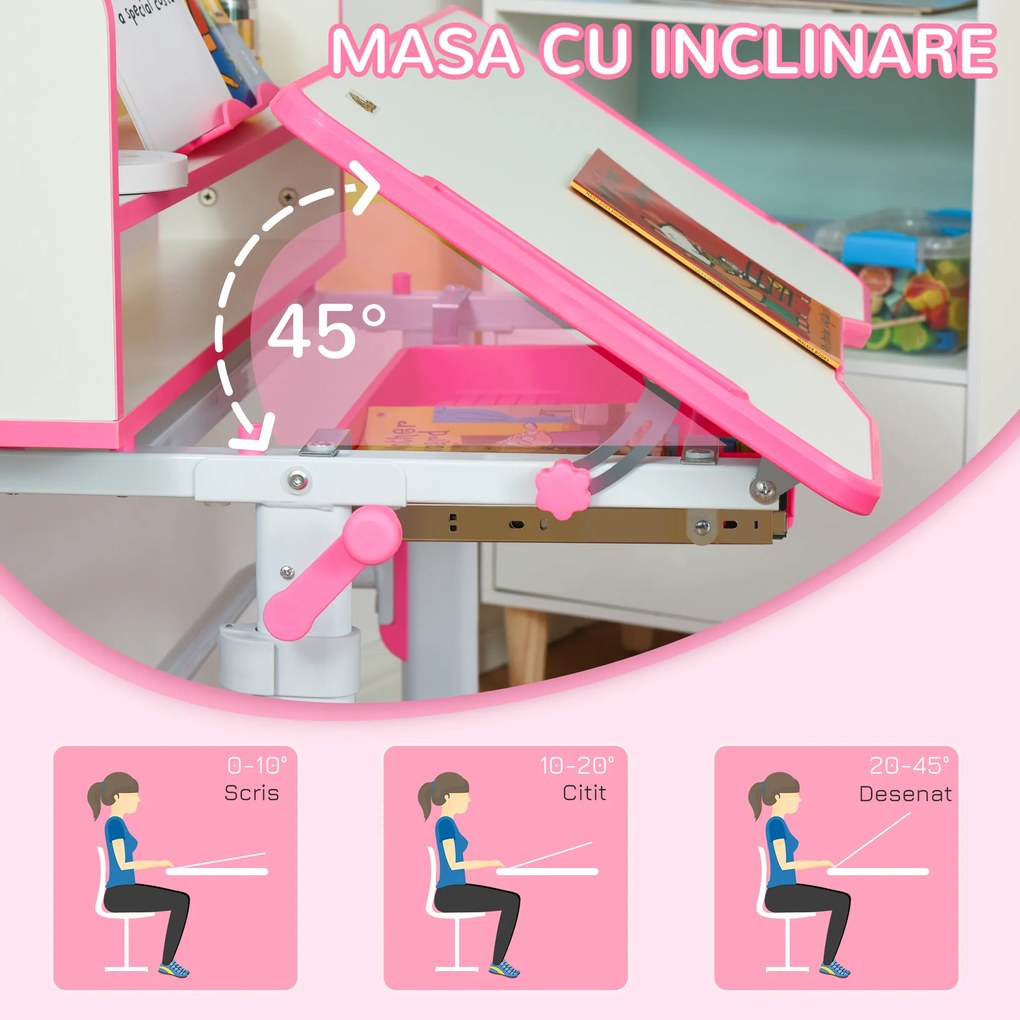 HOMCOM Birou Copii 6-12 Ani, Reglabile pe Înălțime cu Blat Înclinabil la 45°, cu Bancă și Scaun, 80x54,5x82-104 cm, Roz | Aosom Romania