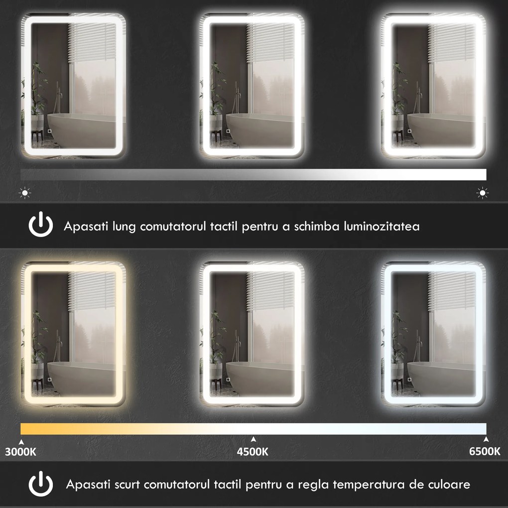 kleankin Oglindă LED, pentru Baie și Machiaj,lumina Reglabilă cu 3 Temperaturi de Culoare, Design anti-aburire, 70x50 cm, Argintiu | Aosom Romania