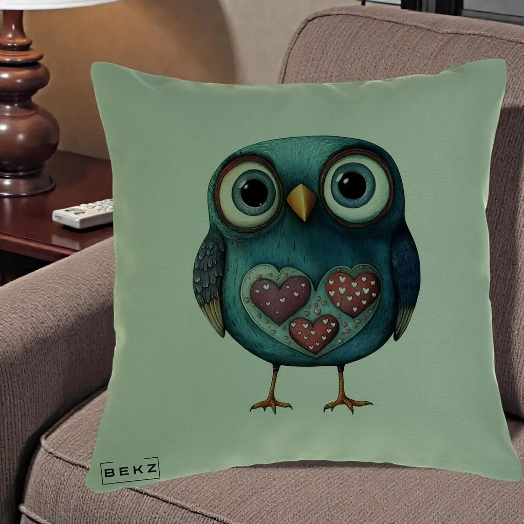Perna Decorativa Bufnita Teal cu Doua Inimi, 40x40 cm, Verde, Husa Detasabila, Perna Inclusa, BEKZ®