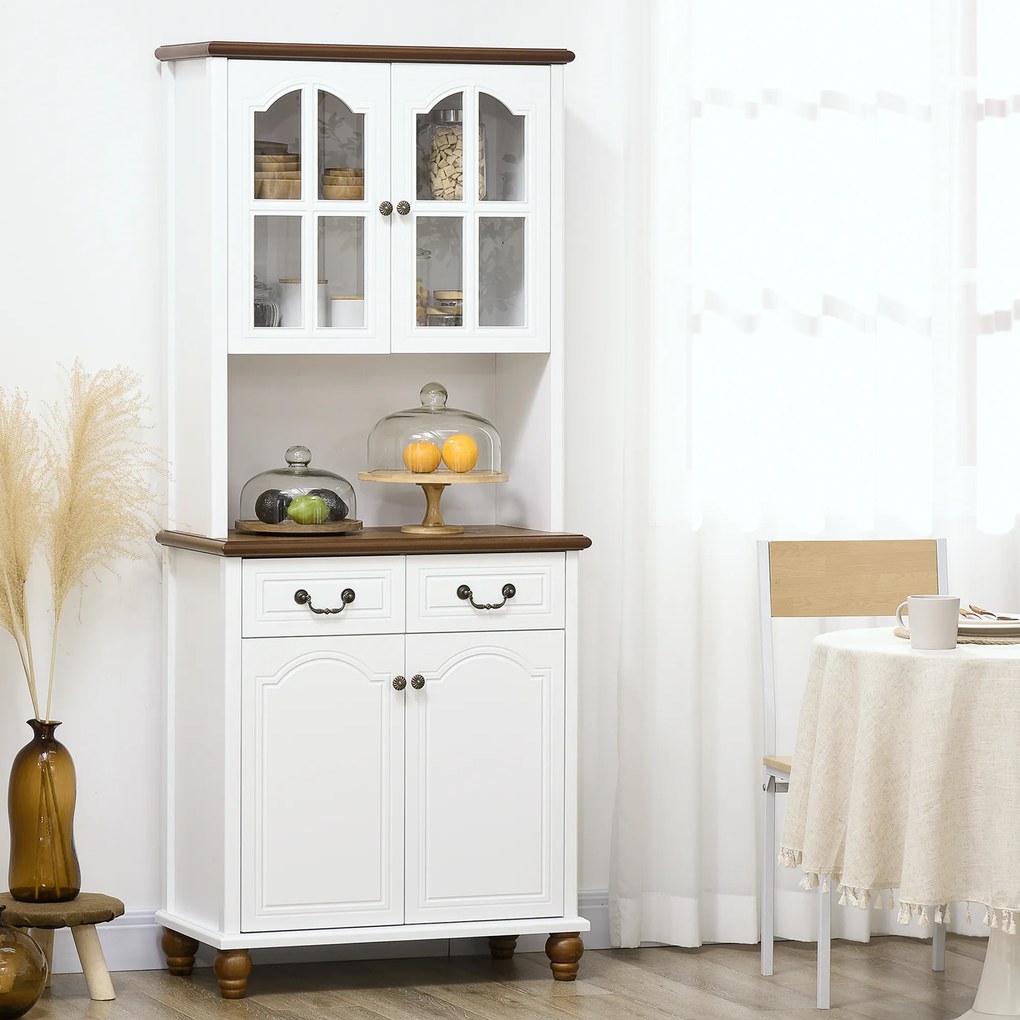 HOMCOM Sifonier de Bucătărie, Bufet, 2 Sertare, 2 Compartimente cu Uși, Design Clasic, Alb + Maro închis, 76 x 38 x 182 cm | Aosom Romania