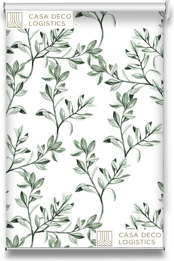 Roletă textilă Floral 8004 alb cu frunze verzi