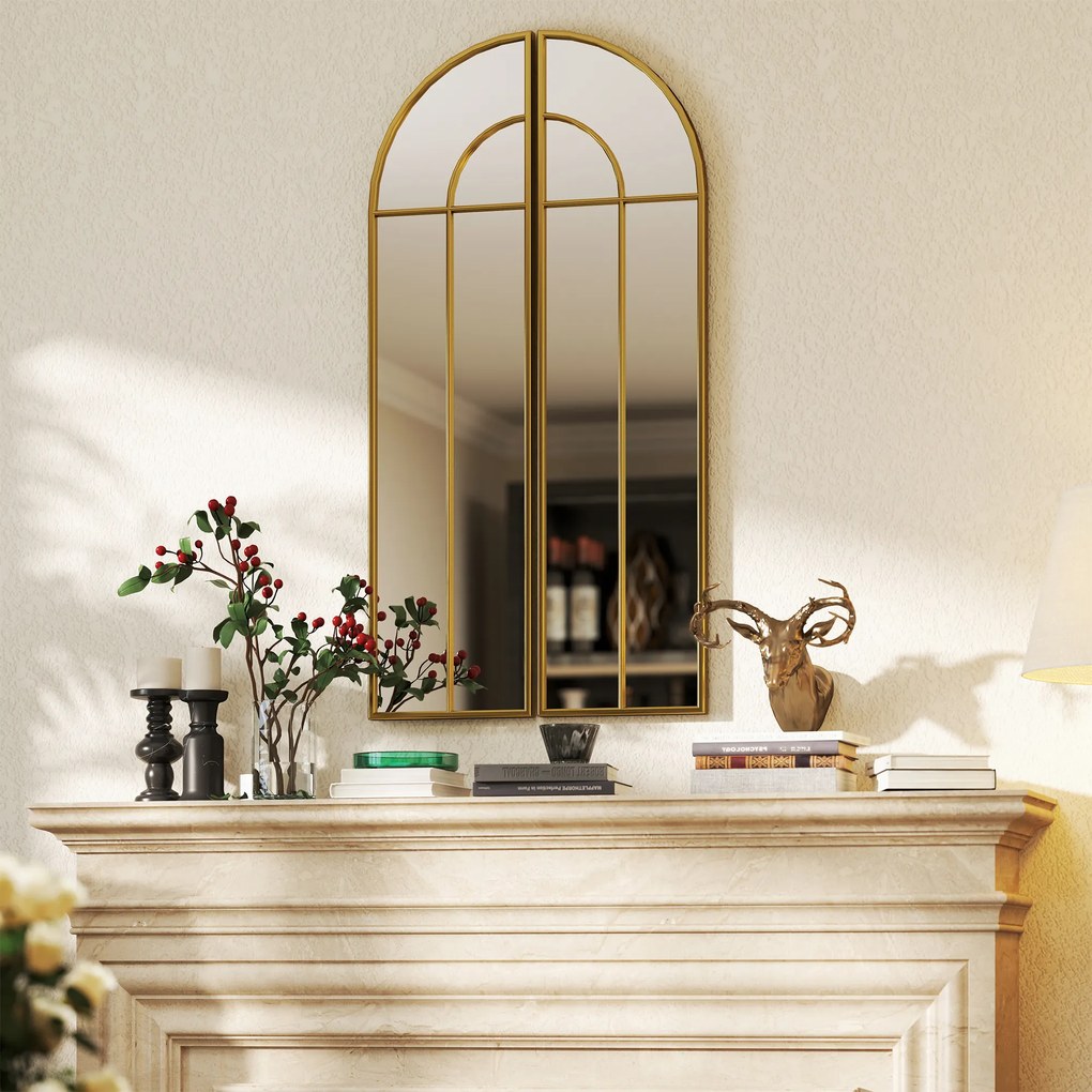 HOMCOM Miroir mural arc 30 x 120 cm, mare miroir decorativ cu ramă metalică, pentru living, cameră, hol, nuanță auriu | Aosom Romania