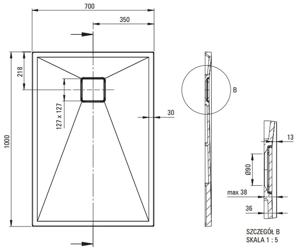 Cadita dus compozit slim gri 100x70 cm Deante Correo 1000x700 mm, Gri