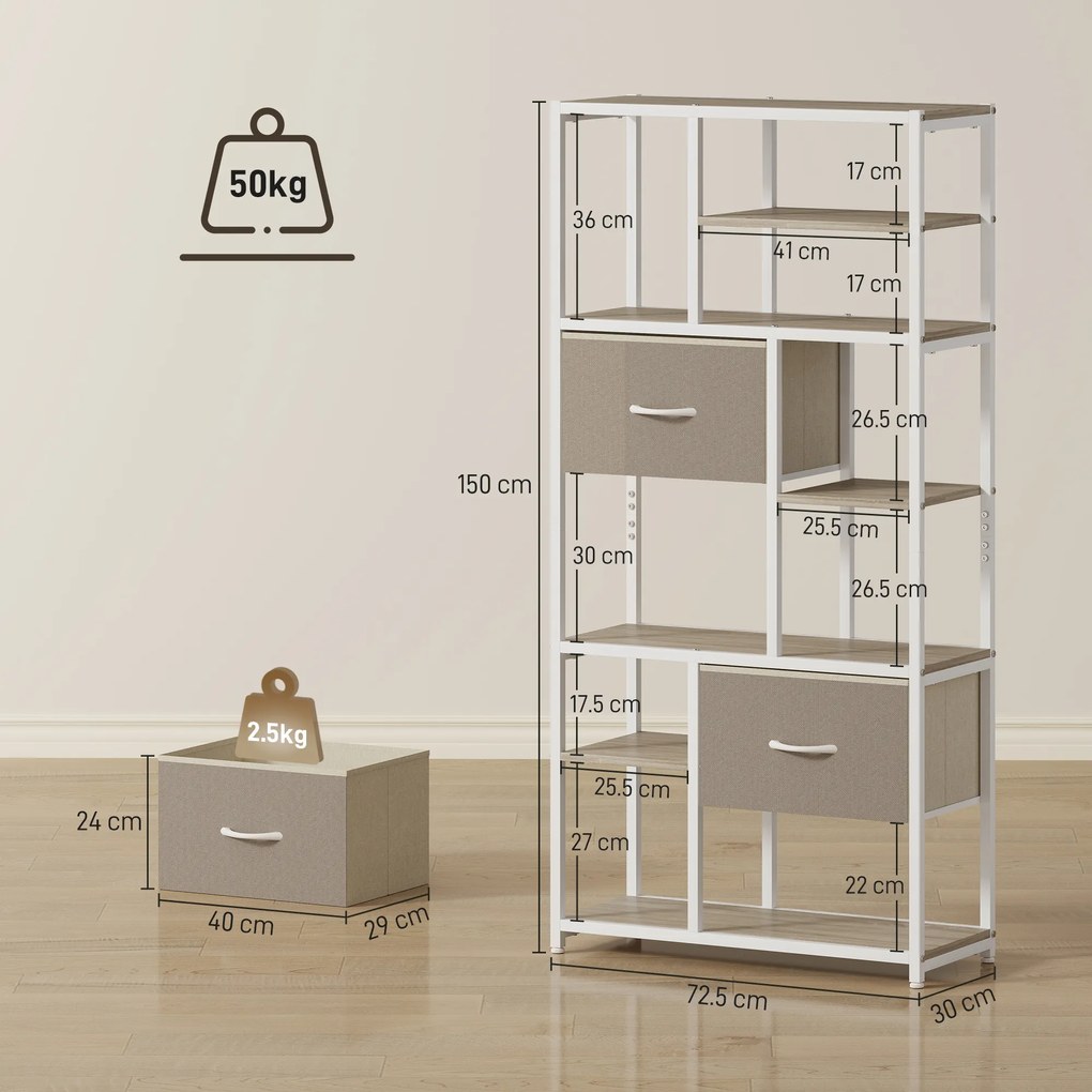 HOMCOM Etajeră de depozitare 6 niveluri, bibliotecă cu 2 sertare din țesătură, 9 rafturi deschise, 72,5 x 30 x 150 cm, alb | Aosom Romania