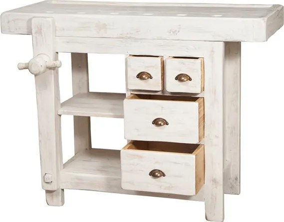 Banc de tamplar, L116 63 H90 cm, 4 sertare, alb antic, lemn masiv