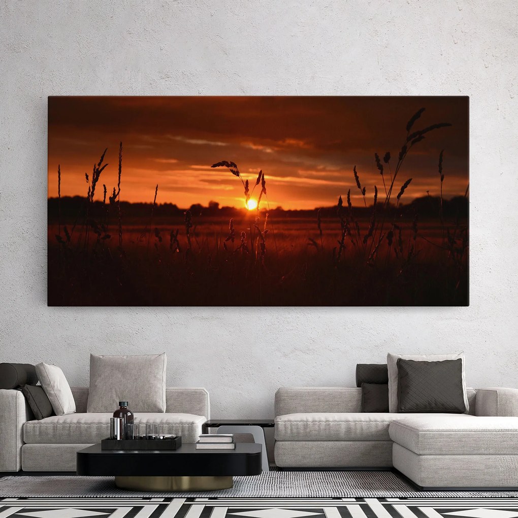 Tablou Canvas, 100x200cm, Dormitor si Living, Peisaje, Apus de soare, Field Shilouette