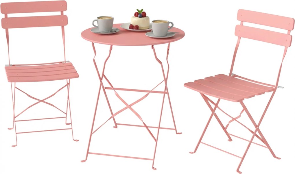 Outsunny Set bistro de grădină 3 piese Masă și 2 scaune pliante cu lamele Dublă protecție anti-rugină Roz | Aosom Romania