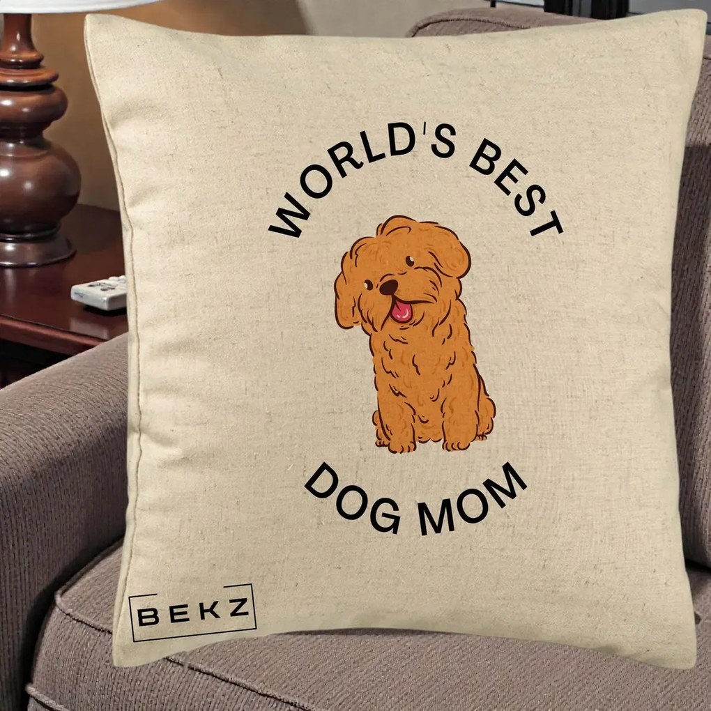 Cadou pentru Iubitorii de Caini - Perna Personalizata World's Best Dog Mom, 40x40 cm, Bej, Husa Detasabila, Perna Inclusa, BEKZ®