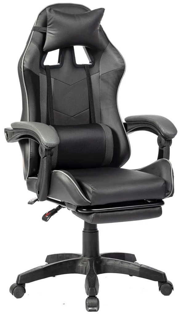 Scaun gaming, masaj în perna lombară, suport picioare, PU, Negru/Gri