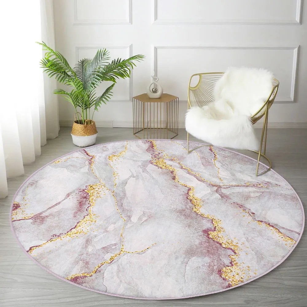 Covor roz deschis/auriu lavabil rotund ø 80 cm Marble – Mila Home