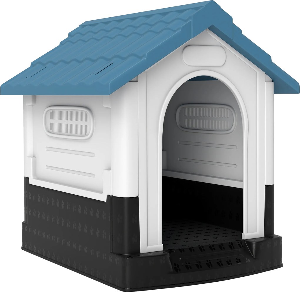PawHut Cușcă pentru Câini de Exterior din Plastic, Căsuță pentru Câini Mici și Mini cu Ferestre, Acoperiș Înclinat și Bază Ridicată, 64,5x57x66 cm, Albastru | Aosom Romania