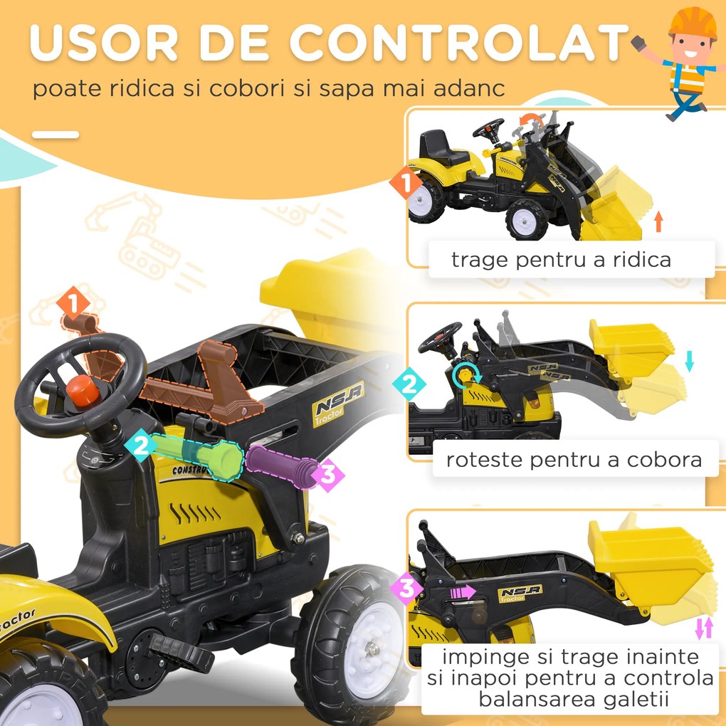 HOMCOM Excavator cu Pedale pentru Copii de 3 Ani cu Cupă Frontală și Volan, 114x41x52 cm, Galben | Aosom Romania