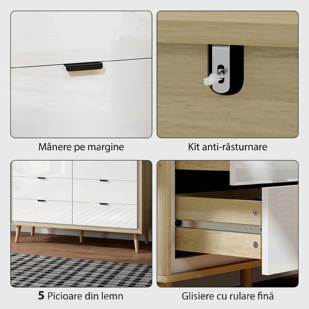 HOMCOM Comodă cu 6 Sertare din Lemn 110x40x75 cm Alb Lucios și Stejar | Aosom Romania