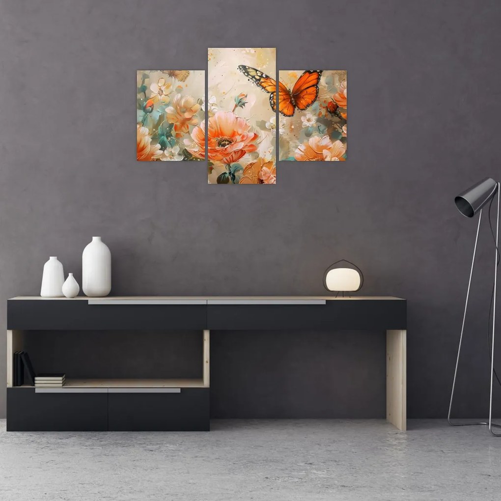 Tablou - Fluture și flori, pictură în ulei (90x60 cm)