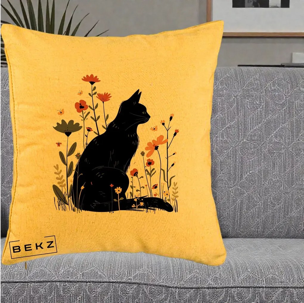 Perna Decorativa Pisica Neagra Profil Flori Portocalii, 40x40 cm, Galben, Husa Detasabila, Perna Inclusa, BEKZ®