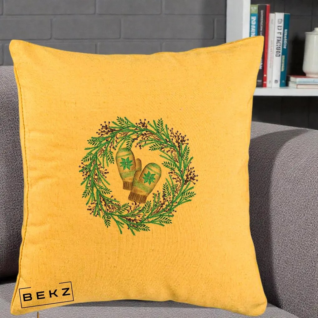 Perna Decorativa Coroana Turcoaz cu Manusi, 40x40 cm, Galben, Husa Detasabila, Perna Inclusa, BEKZ®