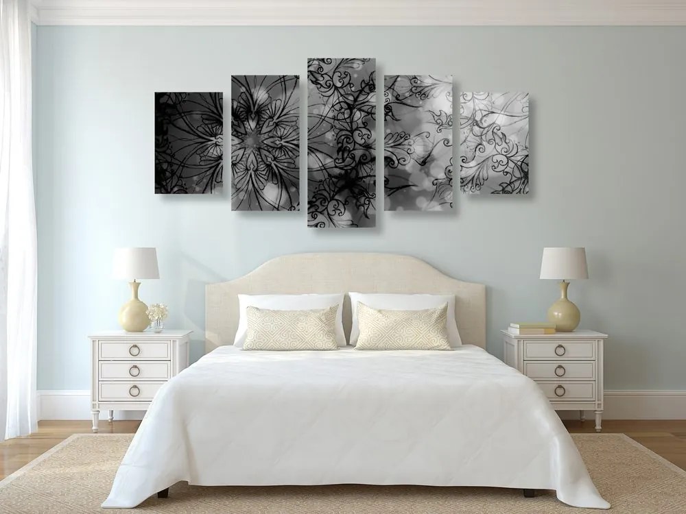 Tablou 5-piese Mandale florală în design alb-negru