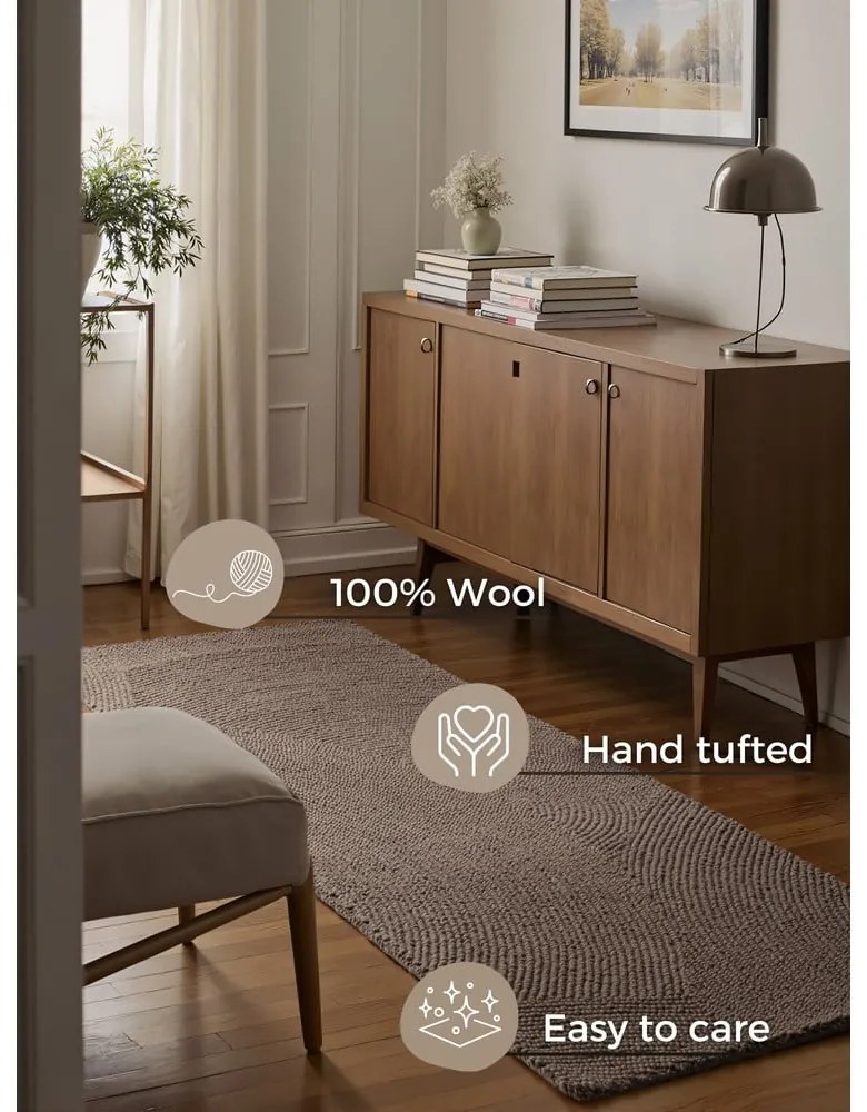 Covor tip traversă taupe țesut manual din lână 80x300 cm Eleni Taupe – Hanse Home