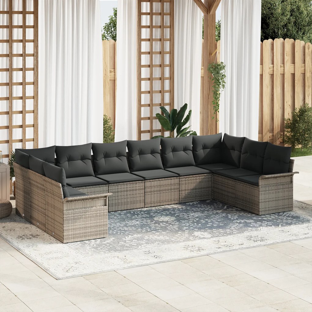 vidaXL Set de canapele pentru grădină cu pernă 10 pcs Gri Rattan poli