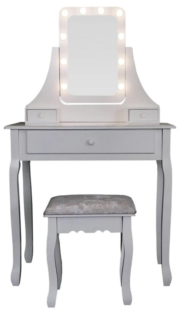 RESIGILAT-Set Eveline, Masă de toaletă pentru machiaj cu oglindă iluminată LED, 3 sertare, scaun, Alb