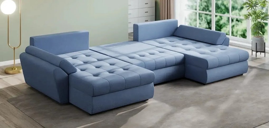 Colțar extensibil  dumonde cu ladă de depozitare si sezut confortabil din spuma high-density, Loana U Enjoy Blue 355x185 cm