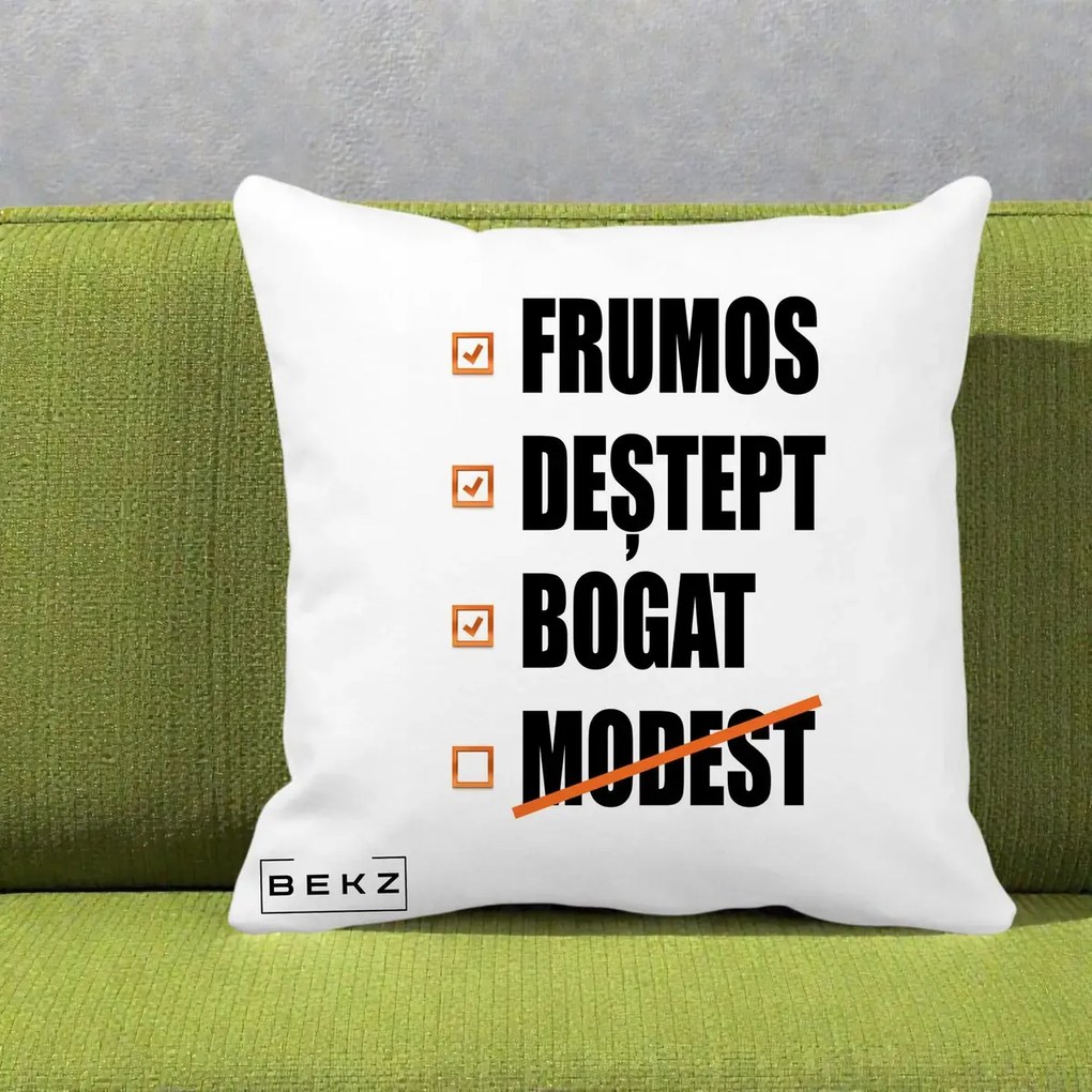 Perna Decorativa Frumos Destept Bogat, 40x40 cm, Alba Mata, Husa Detasabila, Perna Inclusa, BEKZ®